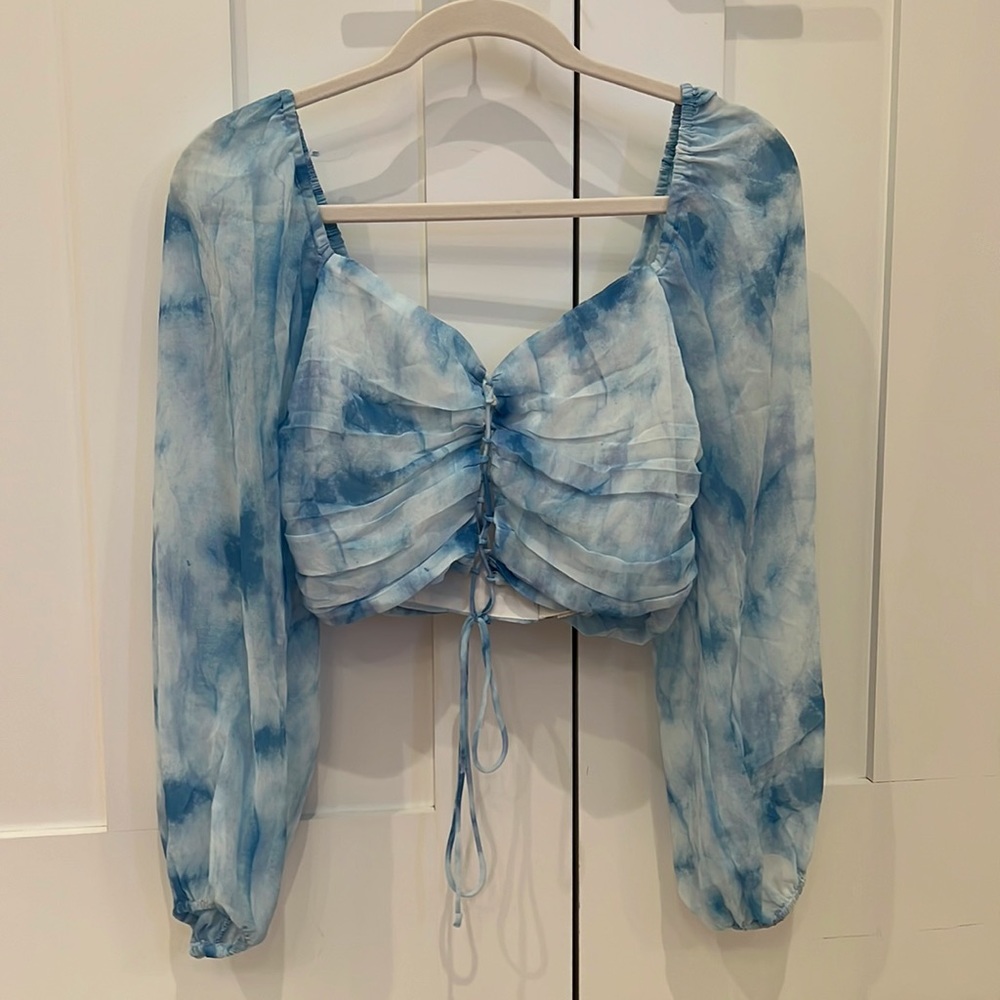 Long Sleeve Crop Top w/ Puffy Sleeves and Ties Down the Center
